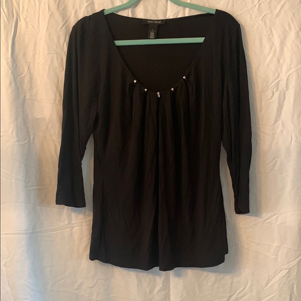 White House Black Market Black Beaded Scoop Neck Blouse
